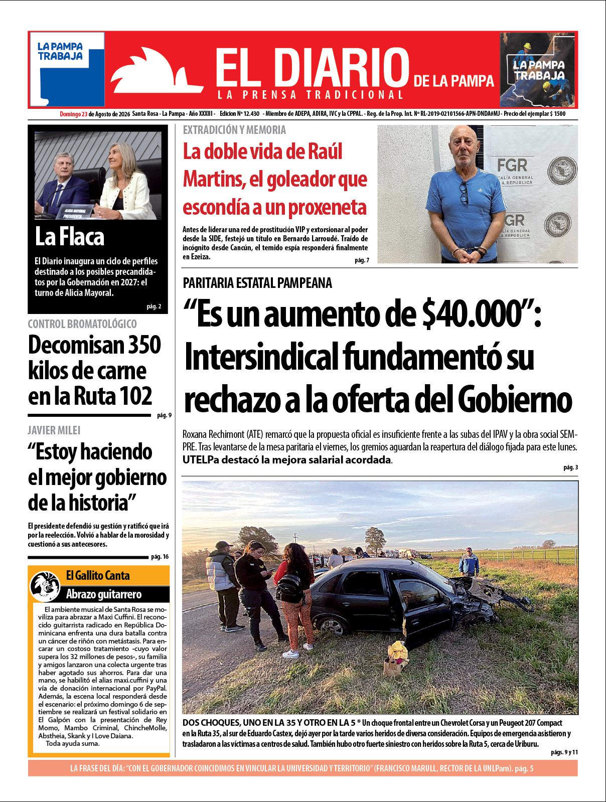 Tapa de El Diario en papel  domingo 23 de agosto de 2026